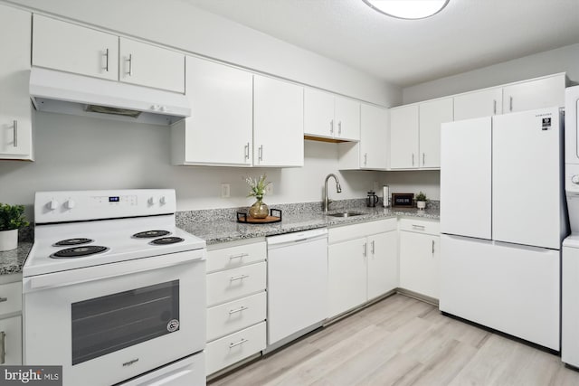 15115 Interlachen Dr Unit 3-415, Silver Spring, MD 20906 - kitchen featuring white appliances, under cabinet range hood, and white cabinetry