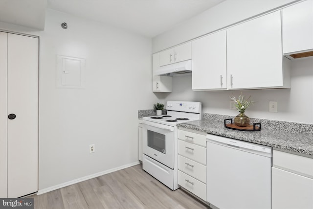 15115 Interlachen Dr Unit 3-415, Silver Spring, MD 20906 - kitchen featuring white appliances, under cabinet range hood, light wood finished floors, electric panel, and white cabinets