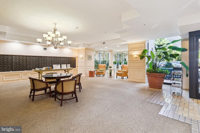 15115 Interlachen Dr Unit 3-415, Silver Spring, MD 20906 - carpeted dining room featuring a chandelier, mail area, a decorative wall, and recessed lighting