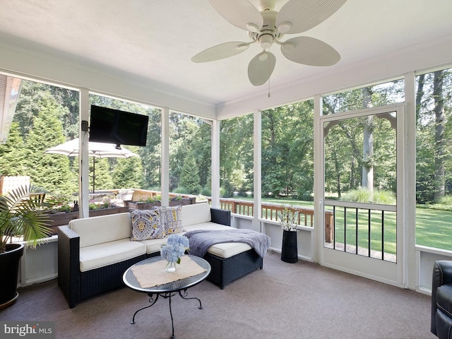 451 E Lafayette Dr, West Chester, PA 19382 - sunroom featuring ceiling fan, view of scattered trees, and an outdoor hangout area