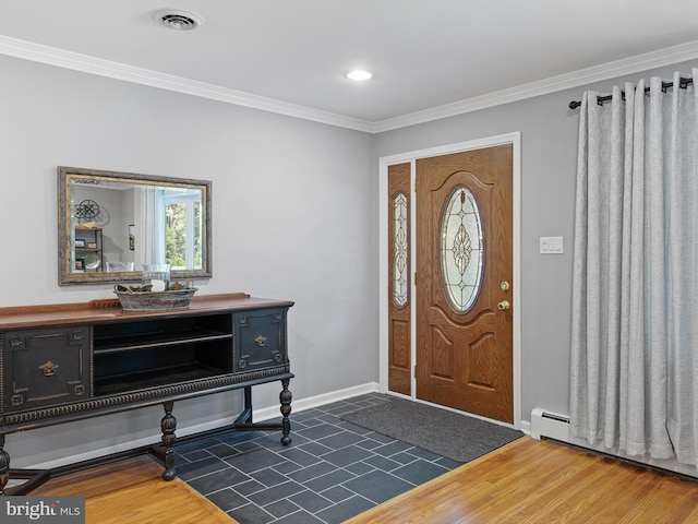 451 E Lafayette Dr, West Chester, PA 19382 - foyer entrance with crown molding, a baseboard heating unit, dark tile patterned flooring, and recessed lighting