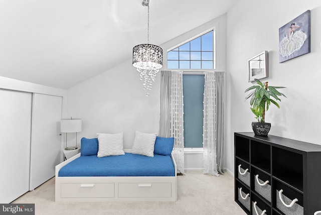6900 Mary Caroline Cir Unit L, Alexandria, VA 22310 - bedroom with lofted ceiling, a chandelier, carpet flooring, and a closet