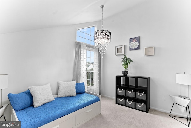 6900 Mary Caroline Cir Unit L, Alexandria, VA 22310 - living area with a chandelier, carpet flooring, and lofted ceiling
