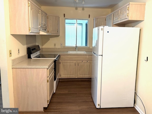 768D Hudson Pkwy, Manchester Twp, NJ 08759 - kitchen featuring freestanding refrigerator, electric range, dark wood finished floors, light countertops, and extractor fan