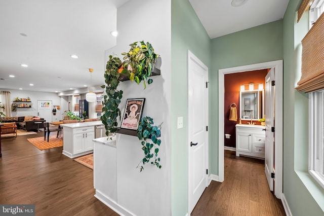 1309 Old Coldspring Ln W, Baltimore, MD 21211 - corridor with dark wood-style flooring and recessed lighting