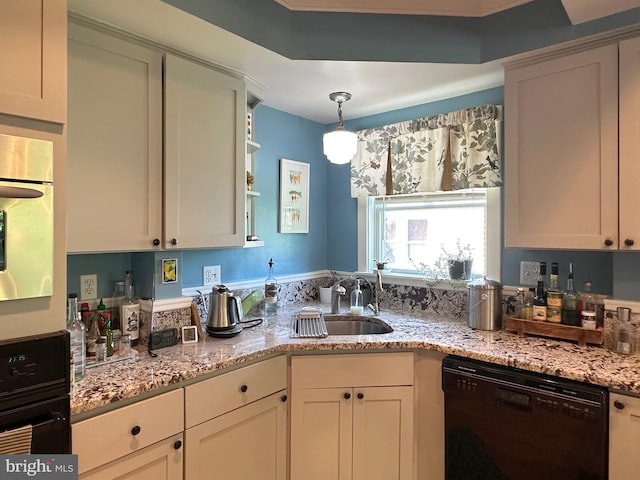 5512 Sefton Ave, Baltimore, MD 21214 - kitchen with black appliances, light stone countertops, hanging light fixtures, and open shelves