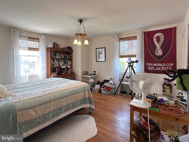 5512 Sefton Ave, Baltimore, MD 21214 - bedroom with multiple windows, a chandelier, wood finished floors, and radiator heating unit