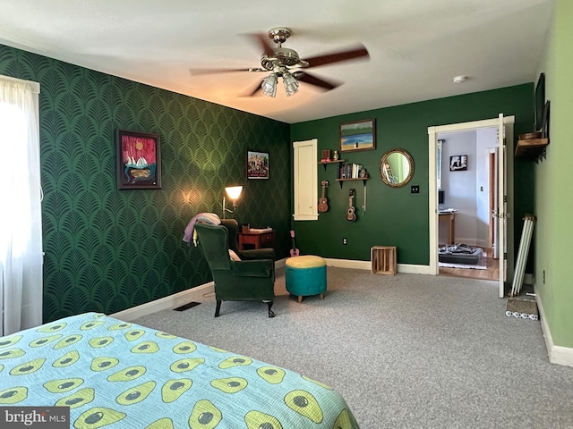 5512 Sefton Ave, Baltimore, MD 21214 - carpeted bedroom featuring wallpapered walls and ceiling fan