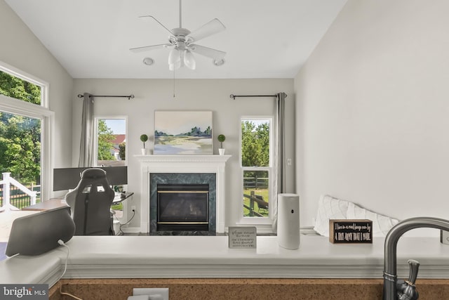 33 S Cummings Dr, Middletown, DE 19709 - living room with a ceiling fan, a high end fireplace, and lofted ceiling
