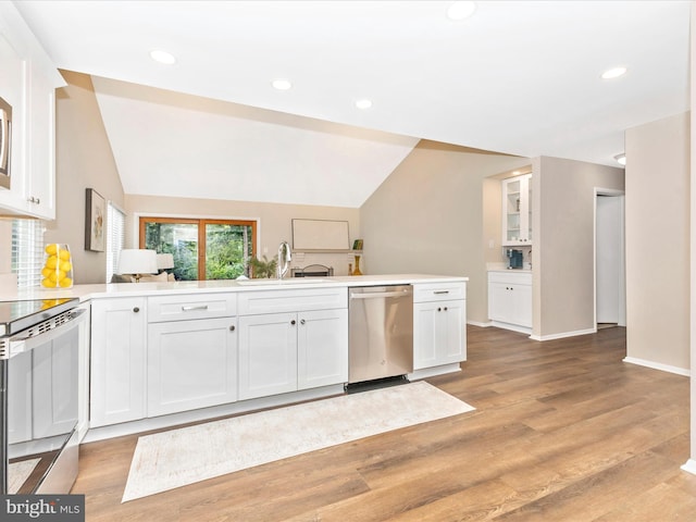 12004 Cheyenne Rd, Gaithersburg, MD 20878 - kitchen featuring stainless steel dishwasher, white range with electric stovetop, vaulted ceiling, white cabinetry, and light wood finished floors