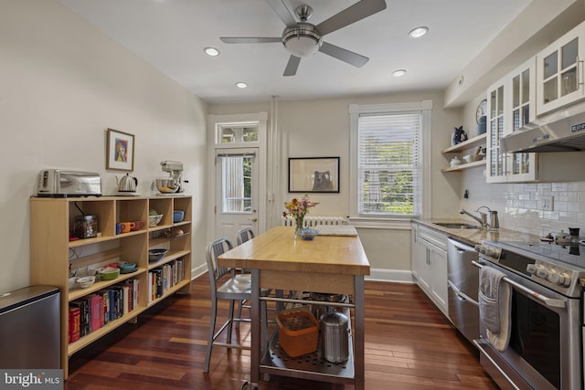 3301 Beech Ave, Baltimore, MD 21211 - kitchen featuring stainless steel appliances, open shelves, white cabinetry, dark wood-style flooring, and recessed lighting