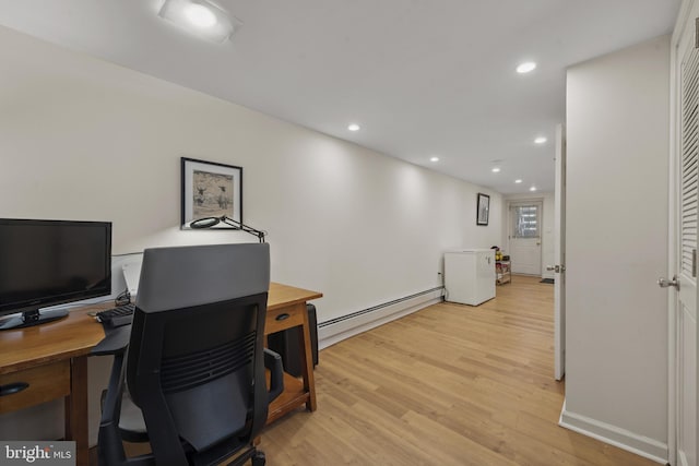 3301 Beech Ave, Baltimore, MD 21211 - office area featuring a baseboard radiator, light wood-style flooring, and recessed lighting