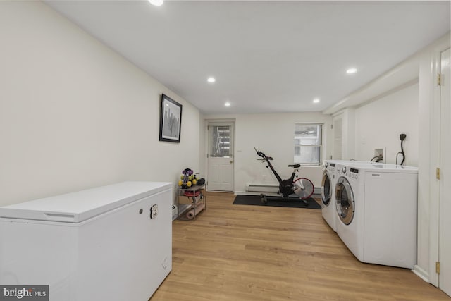 3301 Beech Ave, Baltimore, MD 21211 - laundry area with independent washer and dryer, recessed lighting, light wood-style flooring, and a baseboard radiator