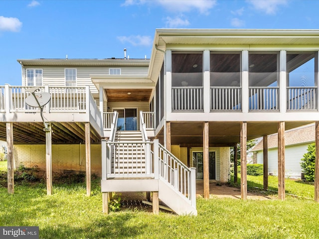 1402 Marian Way, Mount Airy, MD 21771 - back of property featuring a deck, stairs, a sunroom, and a lawn