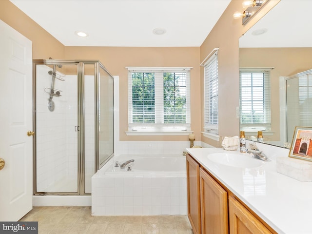 1402 Marian Way, Mount Airy, MD 21771 - bathroom with vanity, a shower stall, a bath, and tile patterned flooring