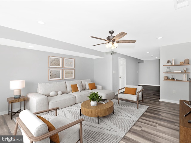 1402 Marian Way, Mount Airy, MD 21771 - living room featuring light wood finished floors, a ceiling fan, and recessed lighting