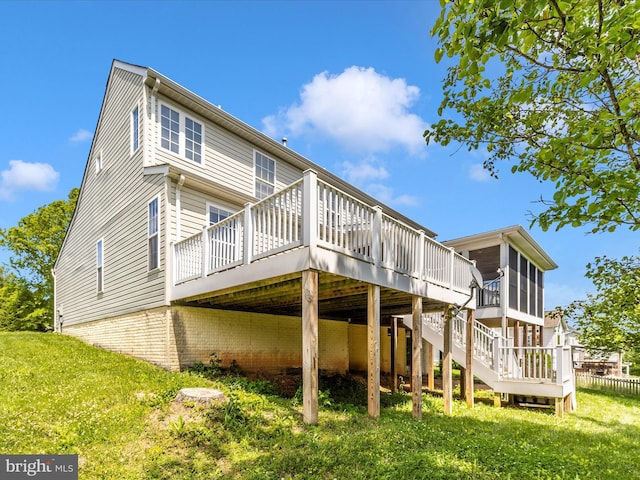 1402 Marian Way, Mount Airy, MD 21771 - back of property with a deck, a sunroom, a lawn, and stairway
