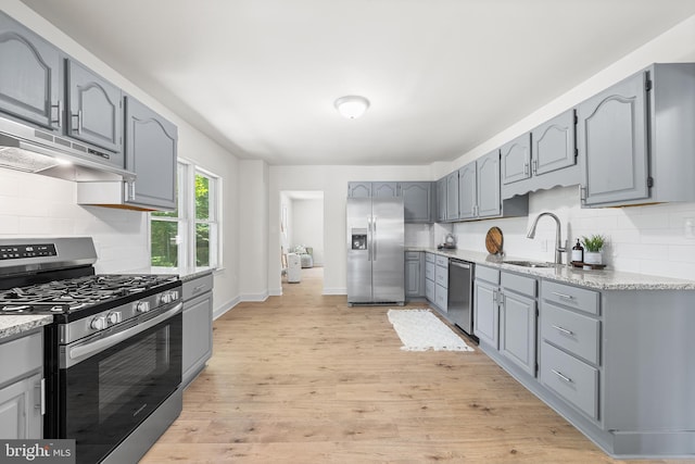 3409 Old York Rd, Furlong, PA 18925 - kitchen with stainless steel appliances, gray cabinets, backsplash, and light wood finished floors