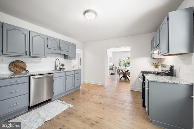 3409 Old York Rd, Furlong, PA 18925 - kitchen featuring stainless steel appliances, tasteful backsplash, gray cabinetry, and light wood-type flooring