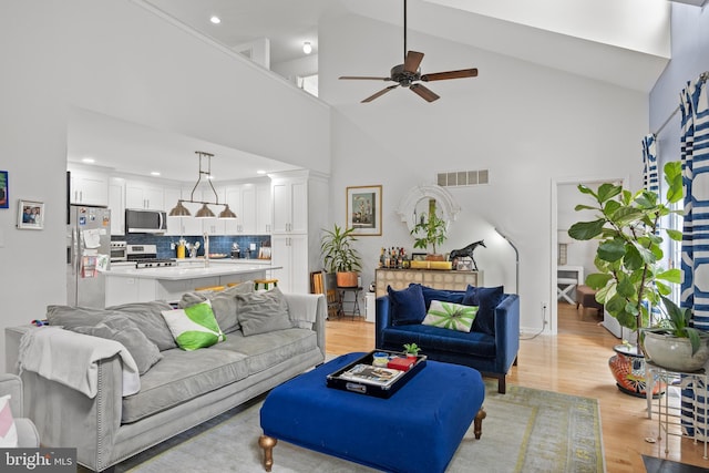 10 Crump Ln, Merchantville, NJ 08109 - living area with high vaulted ceiling, ceiling fan, light wood-type flooring, and recessed lighting