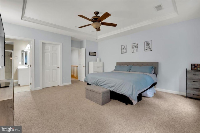 5707 Callcott Way Unit G, Alexandria, VA 22312 - carpeted bedroom featuring a raised ceiling, crown molding, connected bathroom, and a ceiling fan
