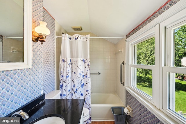 28 Oriole Ave, Media, PA 19063 - bathroom with lofted ceiling, shower / bath combo, and vanity