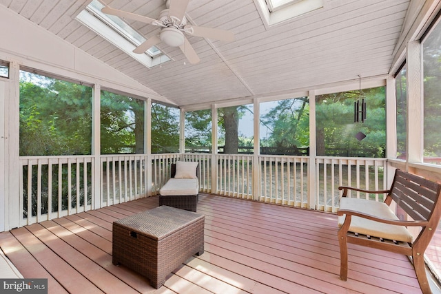 10009 Thompson Ridge Ct, Great Falls, VA 22066 - unfurnished sunroom featuring a skylight, a ceiling fan, and lofted ceiling