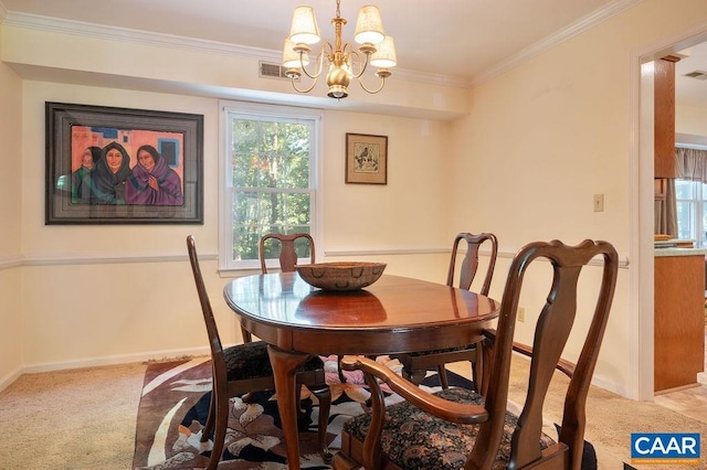 1754 Hearthglow Ln, Charlottesville, VA 22901 - dining room featuring light colored carpet, a chandelier, and crown molding