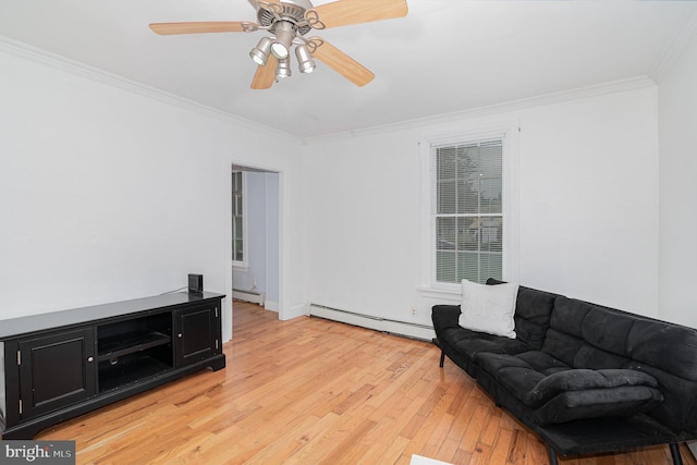 332 Old Stone House Rd S, Boiling Springs, PA 17007 - living area with a baseboard radiator, crown molding, light wood finished floors, and ceiling fan