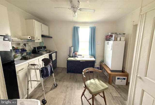 396 Cypress St, Millington, MD 21651 - kitchen with range with electric stovetop, freestanding refrigerator, light wood finished floors, a ceiling fan, and light countertops