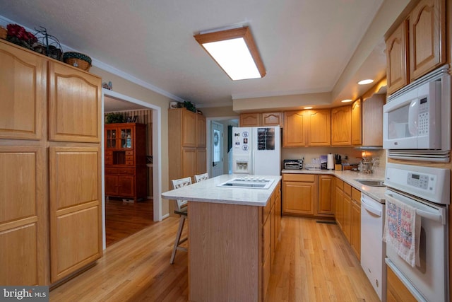744 Pontzer Rd, Strasburg, VA 22657 - kitchen with white appliances, light wood finished floors, a center island, crown molding, and a breakfast bar area