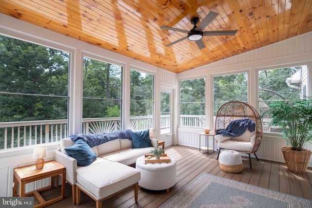 744 Pontzer Rd, Strasburg, VA 22657 - sunroom with a ceiling fan, lofted ceiling, hardwood / wood-style floors, and a wooden deck