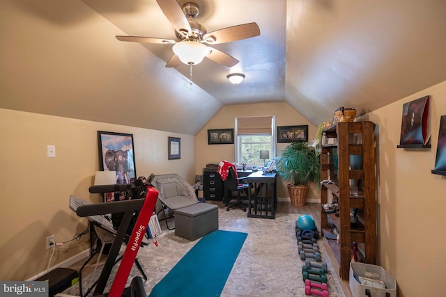 744 Pontzer Rd, Strasburg, VA 22657 - exercise room featuring a ceiling fan, lofted ceiling, and carpet flooring