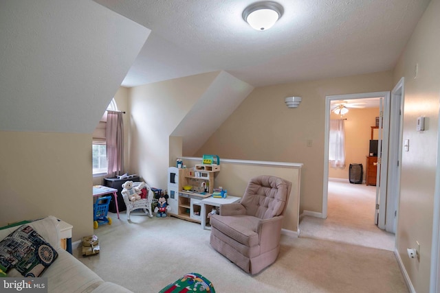 744 Pontzer Rd, Strasburg, VA 22657 - game room featuring light carpet, a textured ceiling, vaulted ceiling, and a ceiling fan