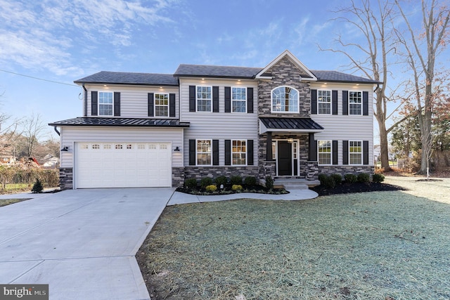 LOT6 Galloway Rd, Bensalem, PA 19020 - view of front of home with stone siding, a standing seam roof, driveway, an attached garage, and a front yard