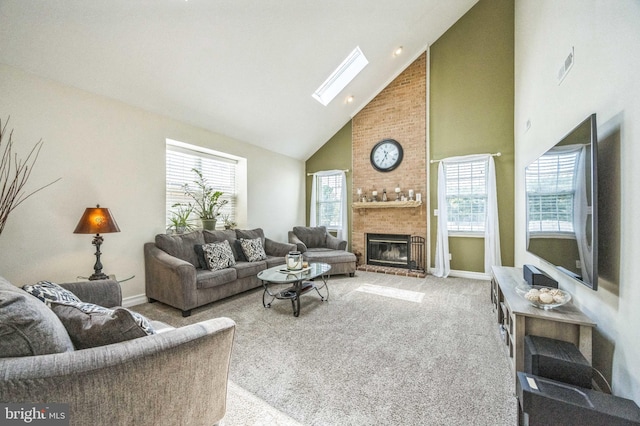 6 Spring Mill Ct, Sewell, NJ 08080 - living room featuring high vaulted ceiling, a fireplace, carpet, and a skylight