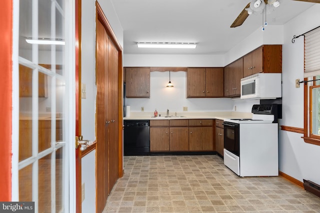 10624 Millbrook Dr, Chestertown, MD 21620 - kitchen featuring white appliances, a ceiling fan, light countertops, and light flooring