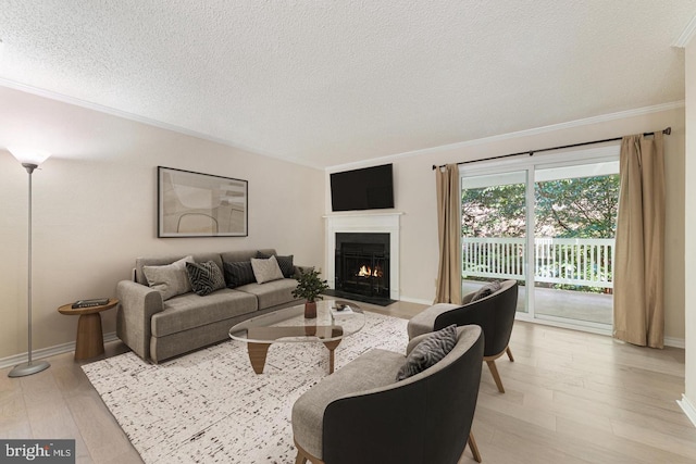 1517 Lincoln Way Unit 204, Mclean, VA 22102 - living area with crown molding, light wood finished floors, a textured ceiling, and a fireplace with flush hearth