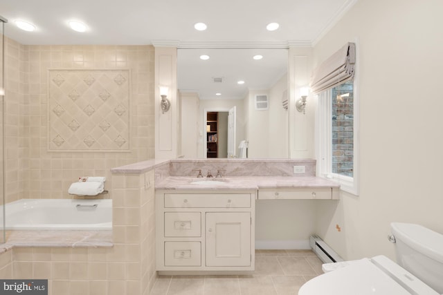 624 S Pitt St Unit 1/2, Alexandria, VA 22314 - bathroom with tile patterned flooring, vanity, baseboard heating, recessed lighting, and ornamental molding