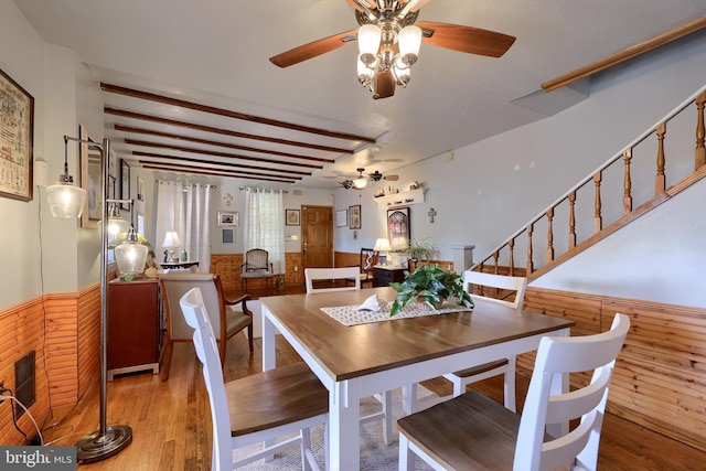 48 Ranck Ave, Lancaster, PA 17602 - dining room featuring a ceiling fan, wainscoting, hardwood / wood-style floors, stairs, and wooden walls