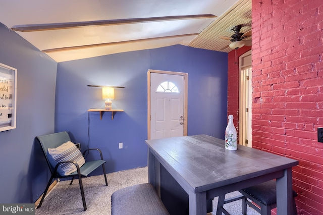 48 Ranck Ave, Lancaster, PA 17602 - carpeted foyer entrance with lofted ceiling, a ceiling fan, and brick wall