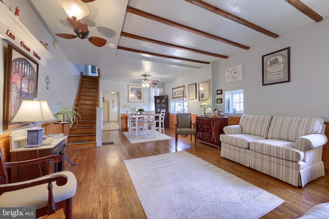 48 Ranck Ave, Lancaster, PA 17602 - living area with ceiling fan, stairs, hardwood / wood-style floors, and beamed ceiling