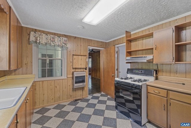 1562 Thomas Jefferson Pkwy, Charlottesville, VA 22901 - kitchen featuring open shelves, gas range oven, heating unit, under cabinet range hood, and wood walls