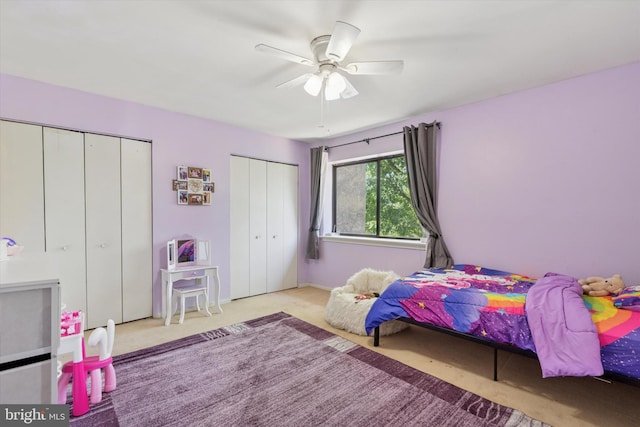500 Lynetree Dr Unit 1-C, West Chester, PA 19380 - bedroom featuring two closets, carpet flooring, and a ceiling fan
