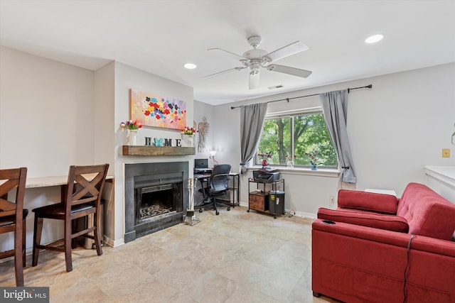 500 Lynetree Dr Unit 1-C, West Chester, PA 19380 - living room featuring ceiling fan, a fireplace, recessed lighting, and an office area
