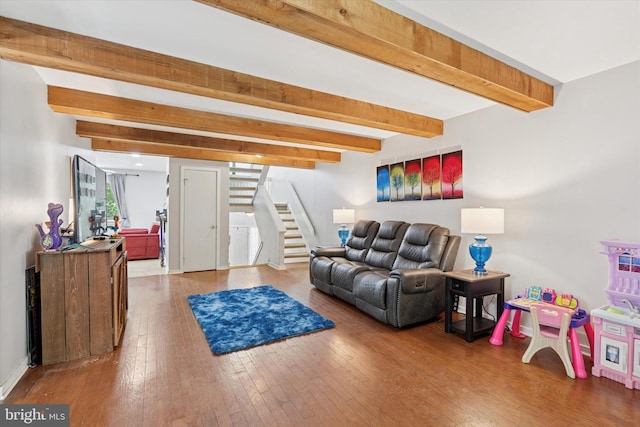 500 Lynetree Dr Unit 1-C, West Chester, PA 19380 - living room with stairway, beam ceiling, and hardwood / wood-style flooring