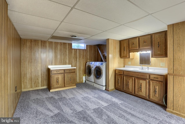 101 Walton Ave, Carlisle, PA 17013 - laundry area featuring independent washer and dryer, wooden walls, and carpet floors