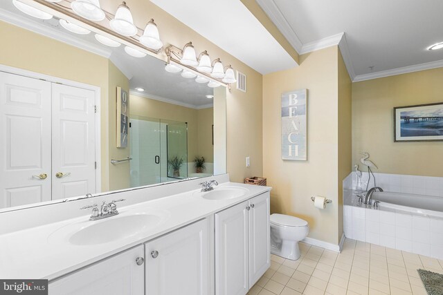 37 Fountain Dr W Unit 4C, Ocean City, MD 21842 - bathroom with crown molding, tile patterned floors, double vanity, a shower stall, and a bath