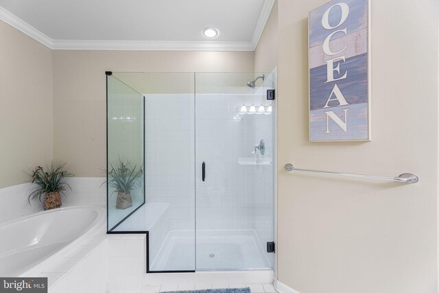 37 Fountain Dr W Unit 4C, Ocean City, MD 21842 - bathroom featuring a bath, a stall shower, crown molding, and tile patterned flooring
