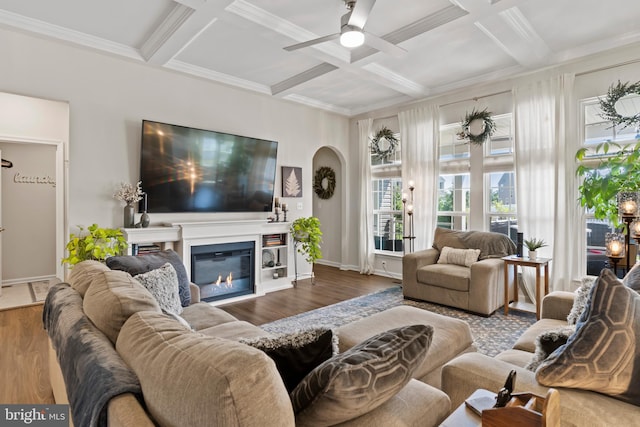 3404 Citation Dr, Harrisburg, PA 17112 - living area featuring a ceiling fan, coffered ceiling, a glass covered fireplace, wood finished floors, and crown molding